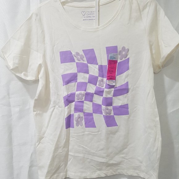 PRIMARK CHECKERS/FLOWERS T-SHIRT LOGO GIRLS SIZES 7-8 & 11-12YRS - Picture 2 of 4